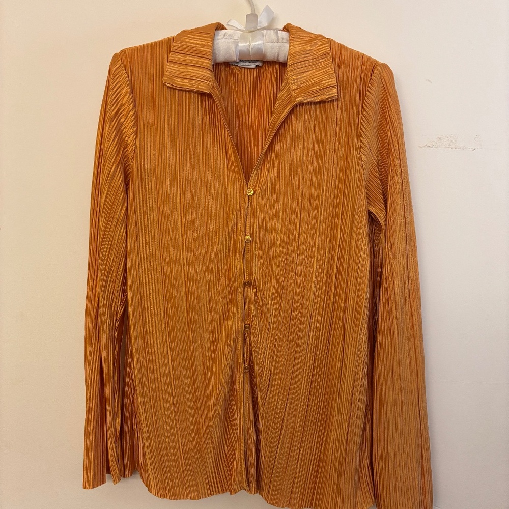 Orange Silky Pleated Button Down - image 1